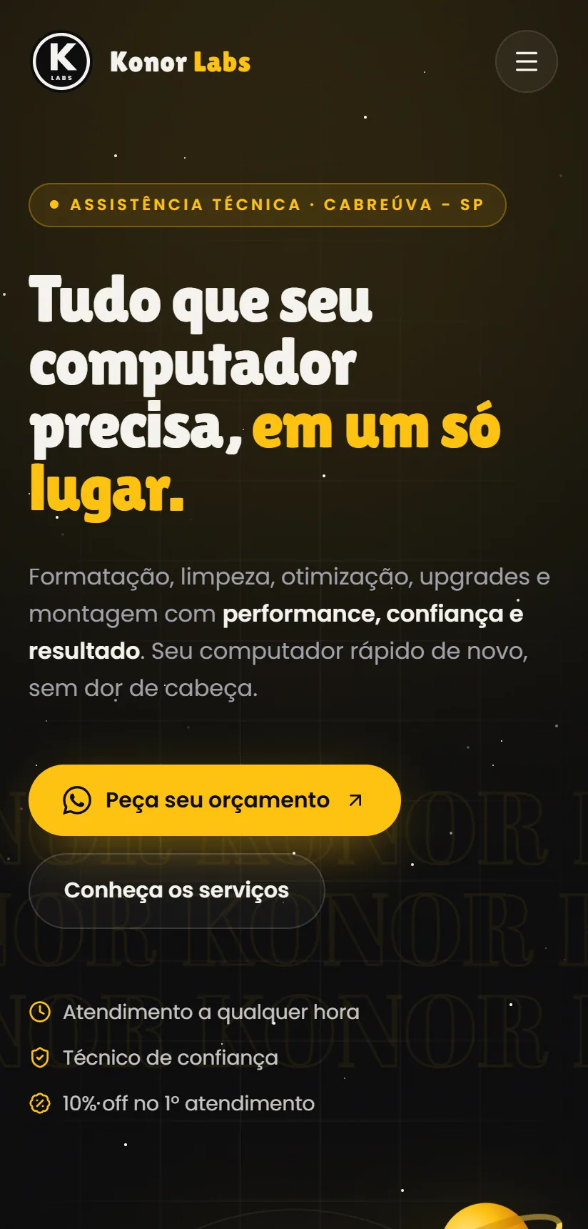 Página inicial da Konor Labs no celular