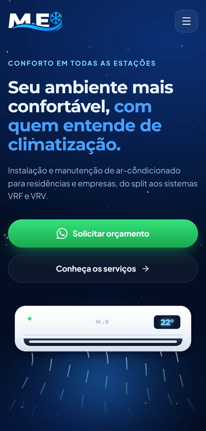 Página inicial da M.E Climatização no celular