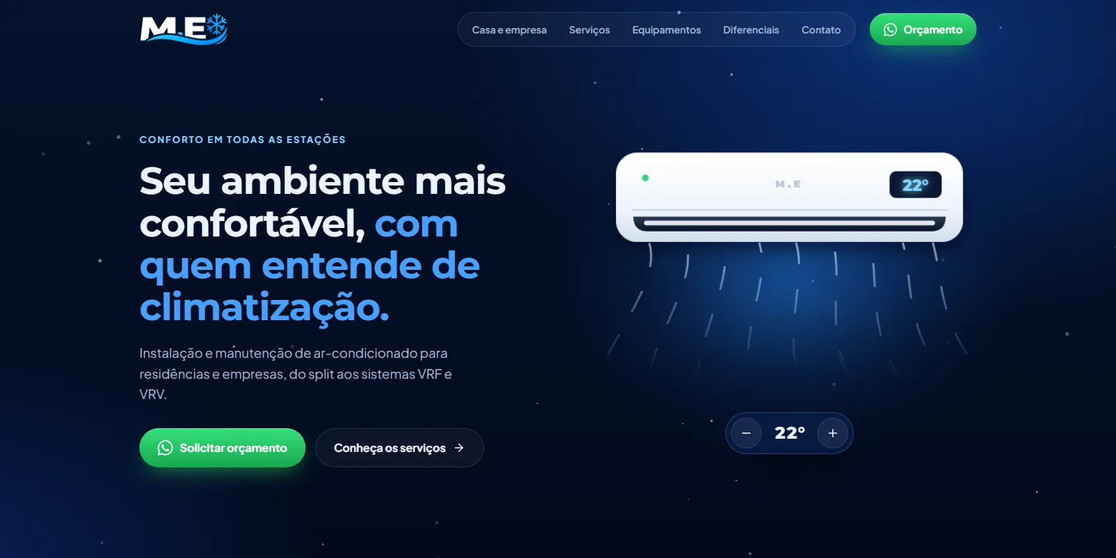 Página inicial do site da M.E Climatização