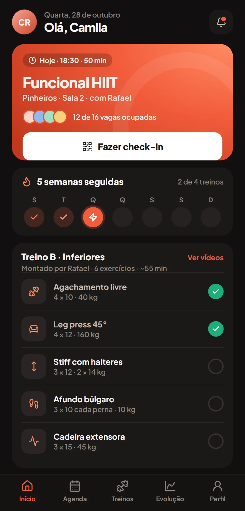 Tela inicial do aplicativo Pulso, com a próxima aula e o treino do dia